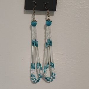 Chic Beaded Dangle Earrings - Teal and White